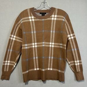 Tahari Womens Sweater‎ Size Medium Brown Plaid Long Sleeve Crew Neck Career
